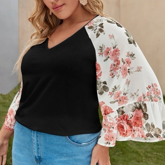 Boho black  V neck floral print sleeve blouse - Picture 16 of 16